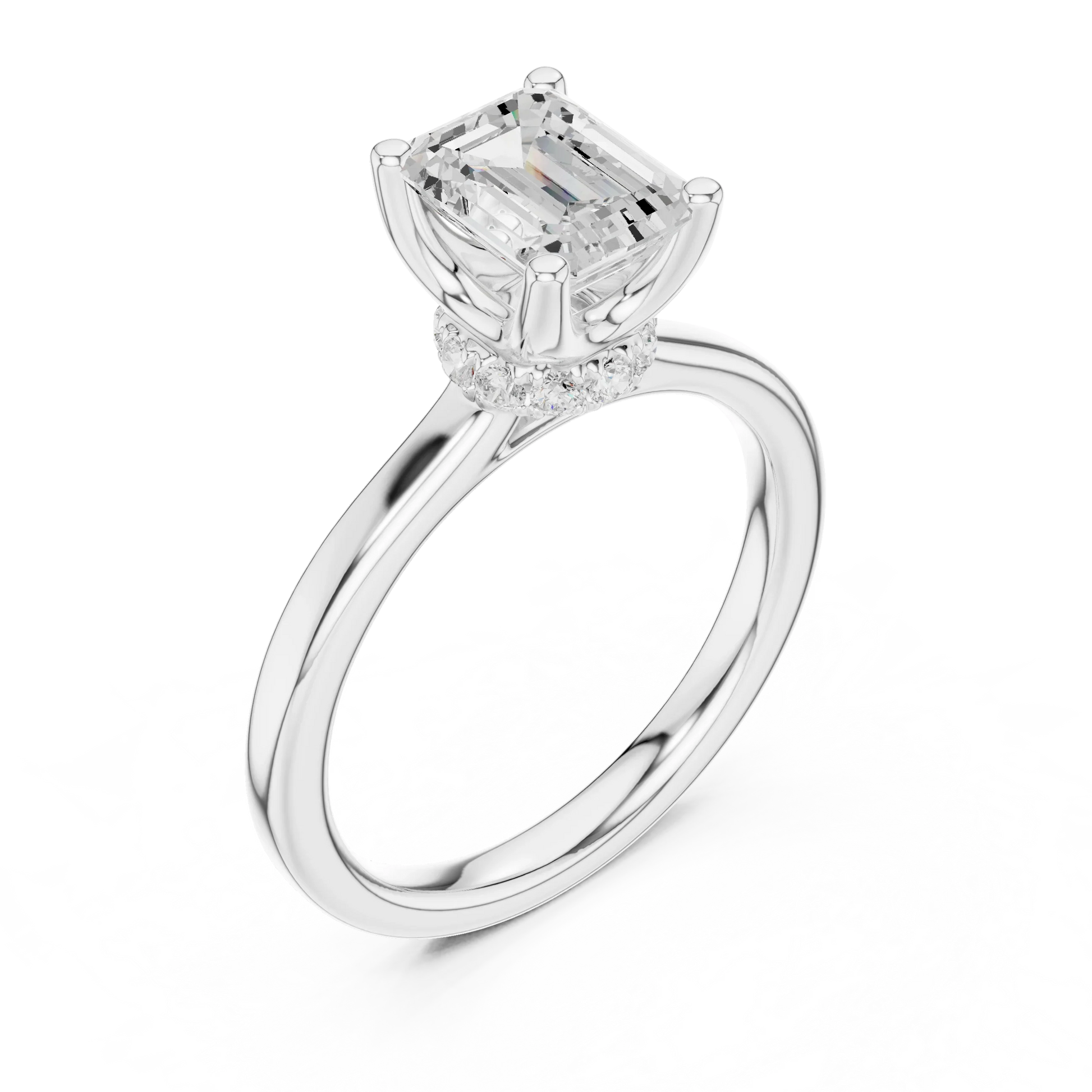 Front view of white gold emerald solitaire ring with hidden halo and domed band and lab-grown diamond – Australia