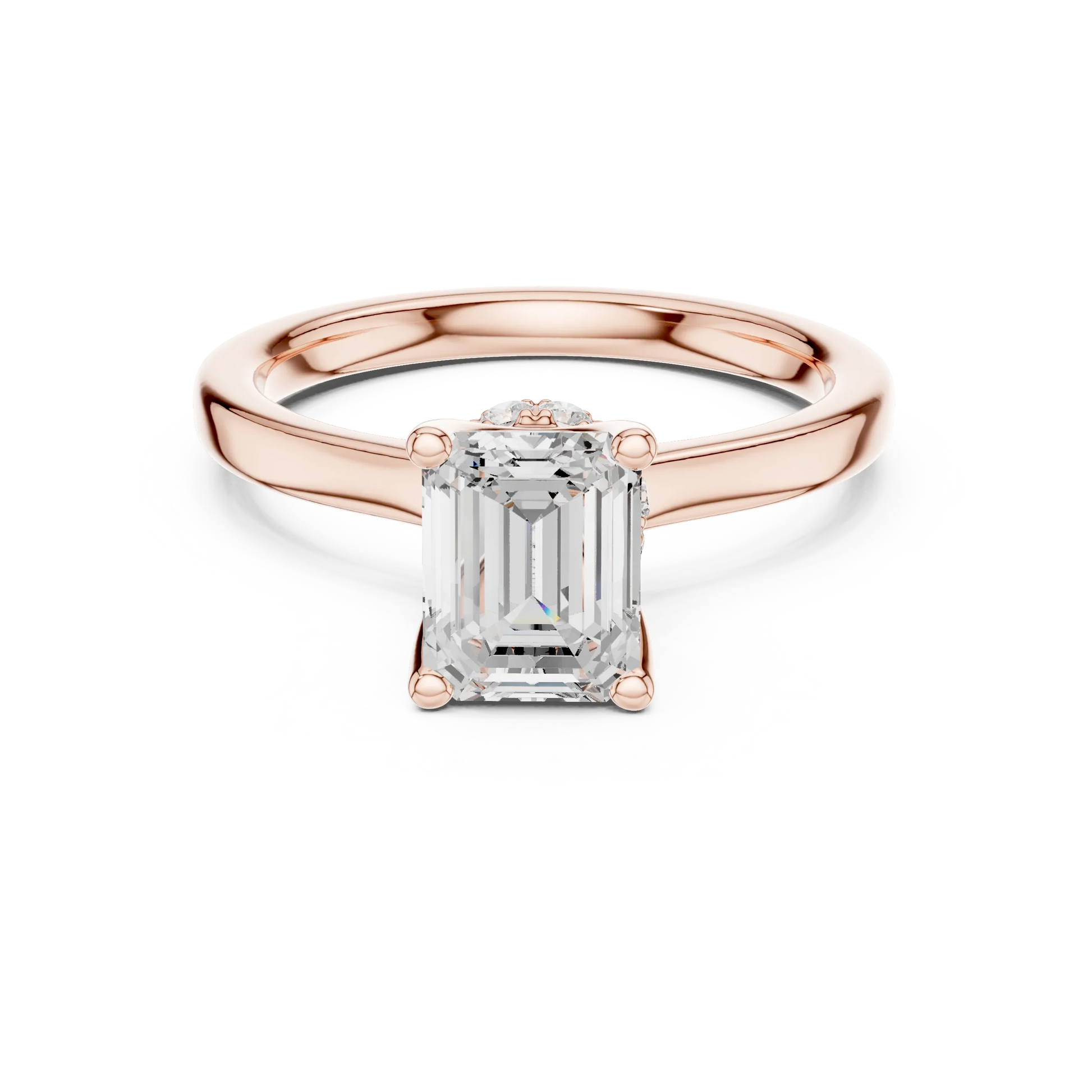 Rose gold emerald solitaire ring with hidden halo and domed band and lab-grown diamond – Australia