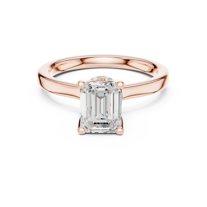 Rose gold emerald solitaire ring with hidden halo and domed band and lab-grown diamond – Australia