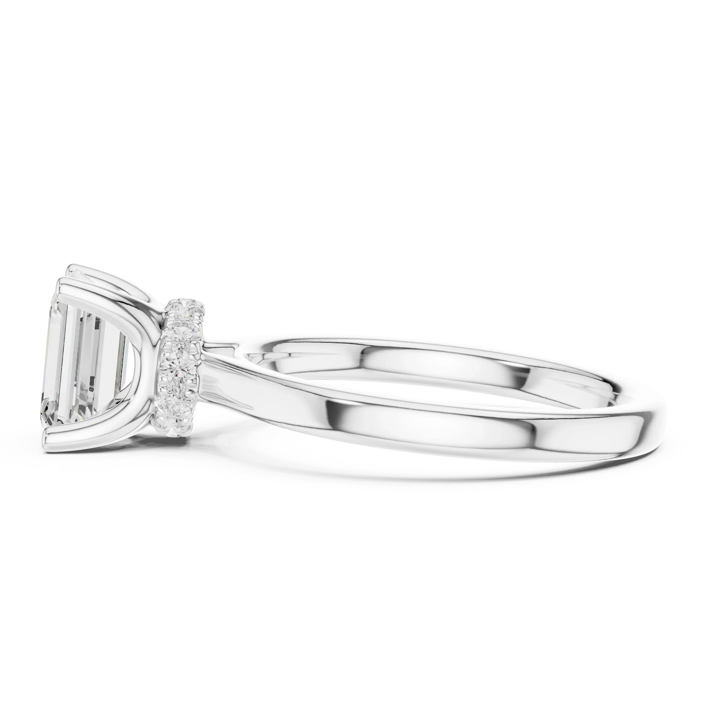 Side view of white gold emerald solitaire ring with hidden halo and domed band and lab-grown diamond – Australia
