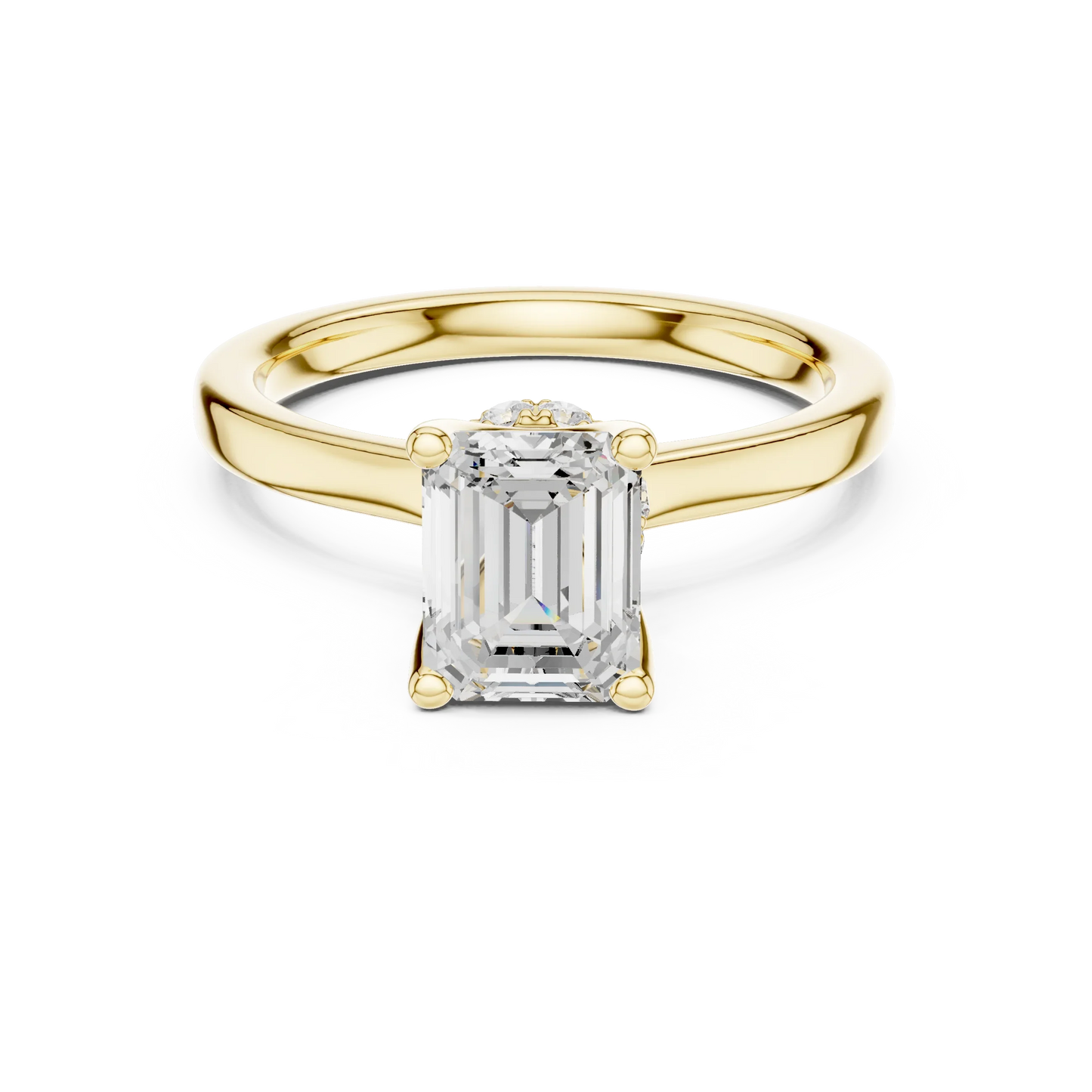 Emerald solitaire ring in yellow gold with hidden halo and domed band and lab-grown diamond – Australia
