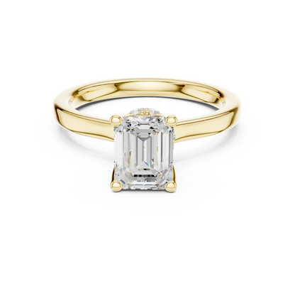 Emerald solitaire ring in yellow gold with hidden halo and domed band and lab-grown diamond – Australia