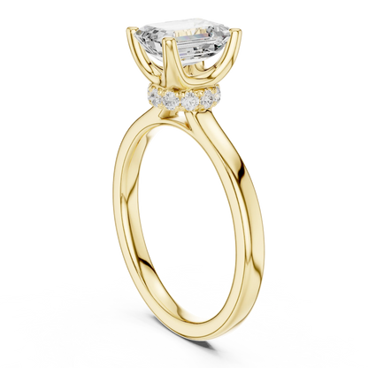Back view of yellow gold emerald solitaire ring with hidden halo and domed band and lab-grown diamond – Australia