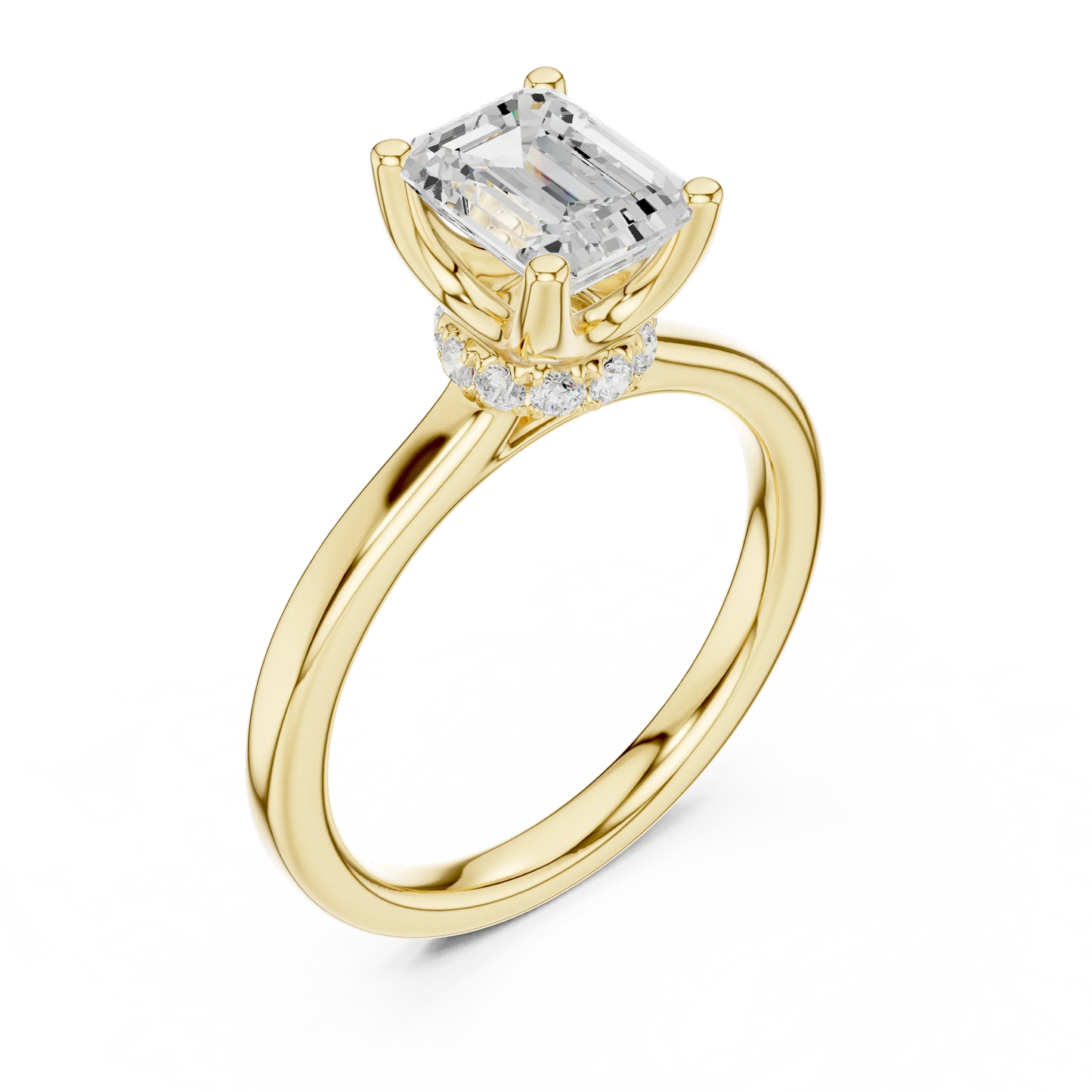 Front view of yellow gold emerald solitaire ring with hidden halo and domed band and lab-grown diamond – Australia