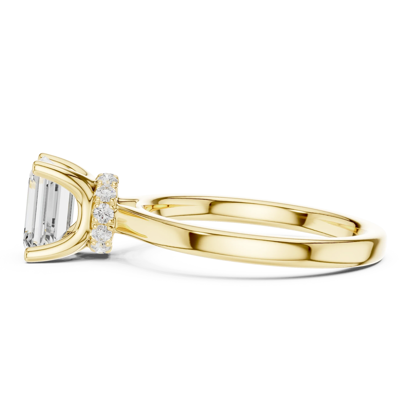 Side view of yellow gold emerald solitaire ring with hidden halo and domed band and lab-grown diamond – Australia