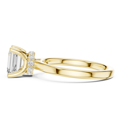 Side view of yellow gold emerald solitaire ring with hidden halo and domed band and lab-grown diamond – Australia