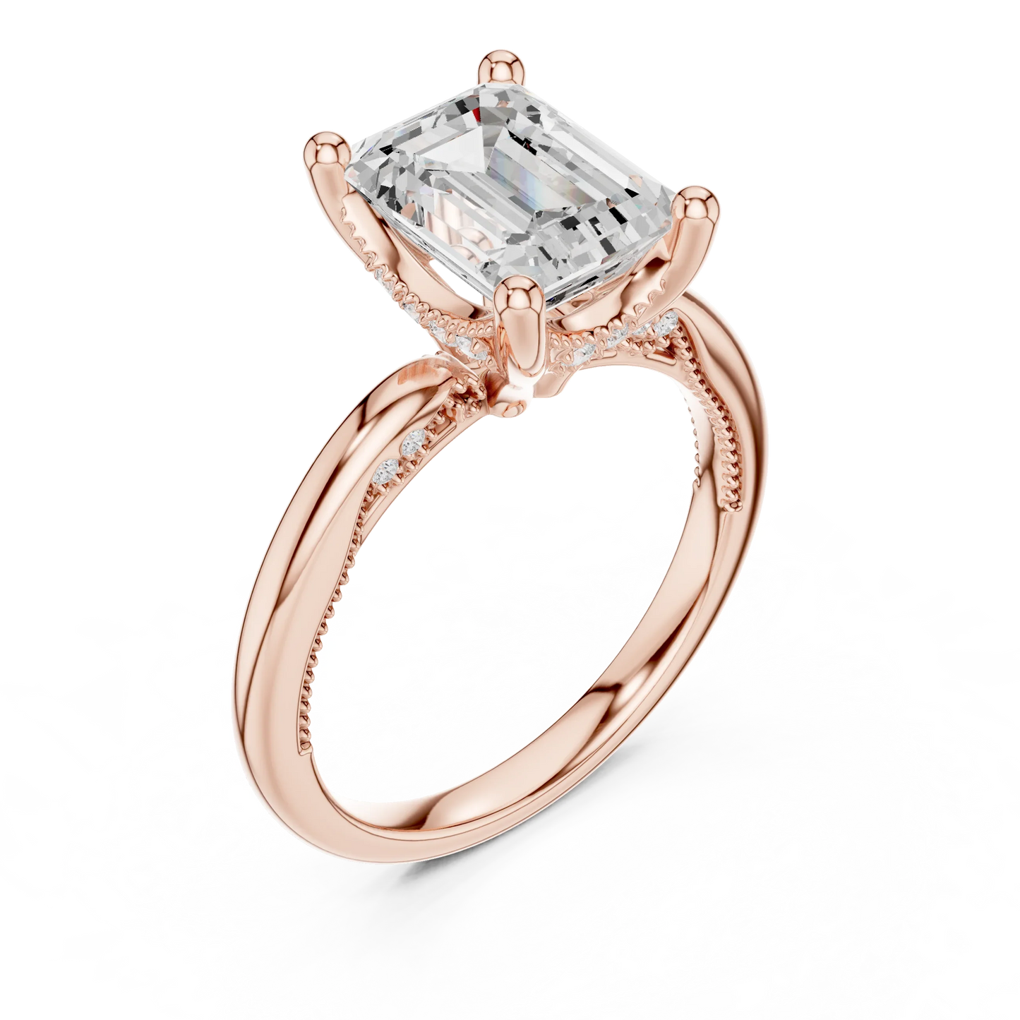 Front view of rose gold emerald cut solitaire ring with hidden halo and domed band and lab-created diamond