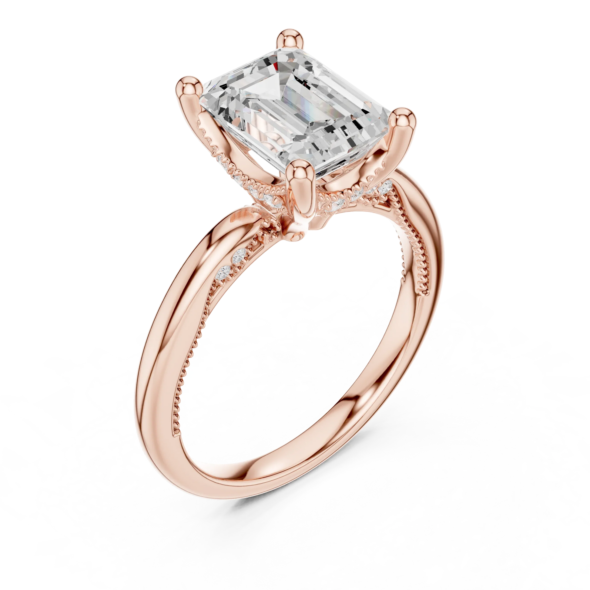 Front view of rose gold emerald cut solitaire ring with hidden halo and domed band and lab-created diamond