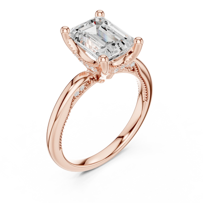 Front view of rose gold emerald cut solitaire ring with hidden halo and domed band and lab-created diamond