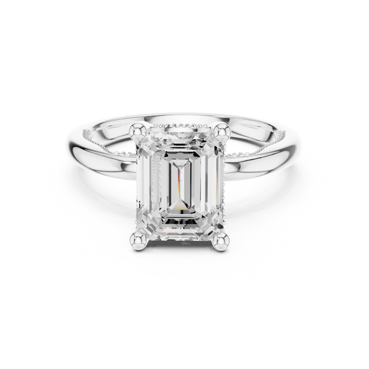 White gold emerald cut solitaire ring with hidden halo and domed band featuring lab-grown diamond, elegant design