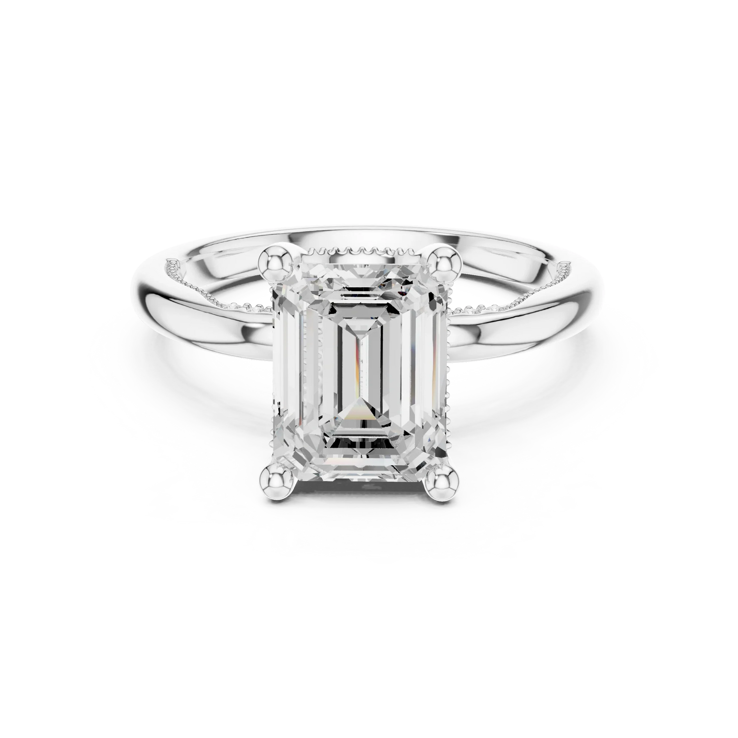 White gold emerald cut solitaire ring with hidden halo and domed band featuring lab-grown diamond, elegant design