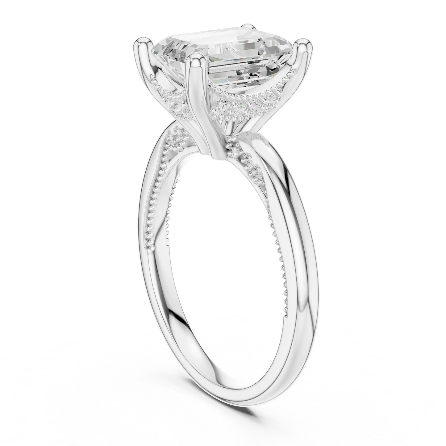 Back side view of white gold emerald cut solitaire ring showing hidden halo and domed band details