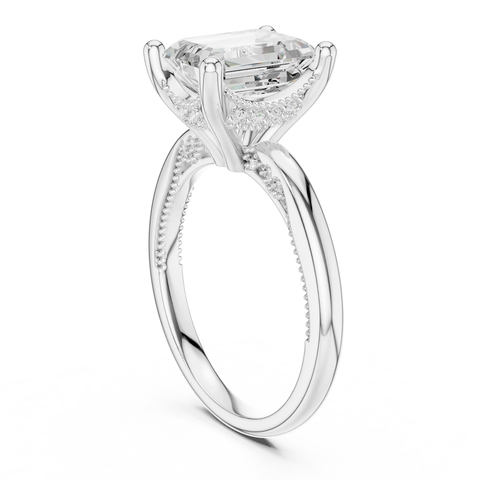 Back side view of white gold emerald cut solitaire ring showing hidden halo and domed band details