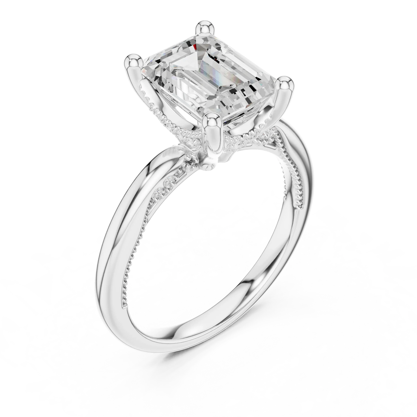 Front view of white gold emerald cut solitaire ring with hidden halo and domed band and lab-created diamond