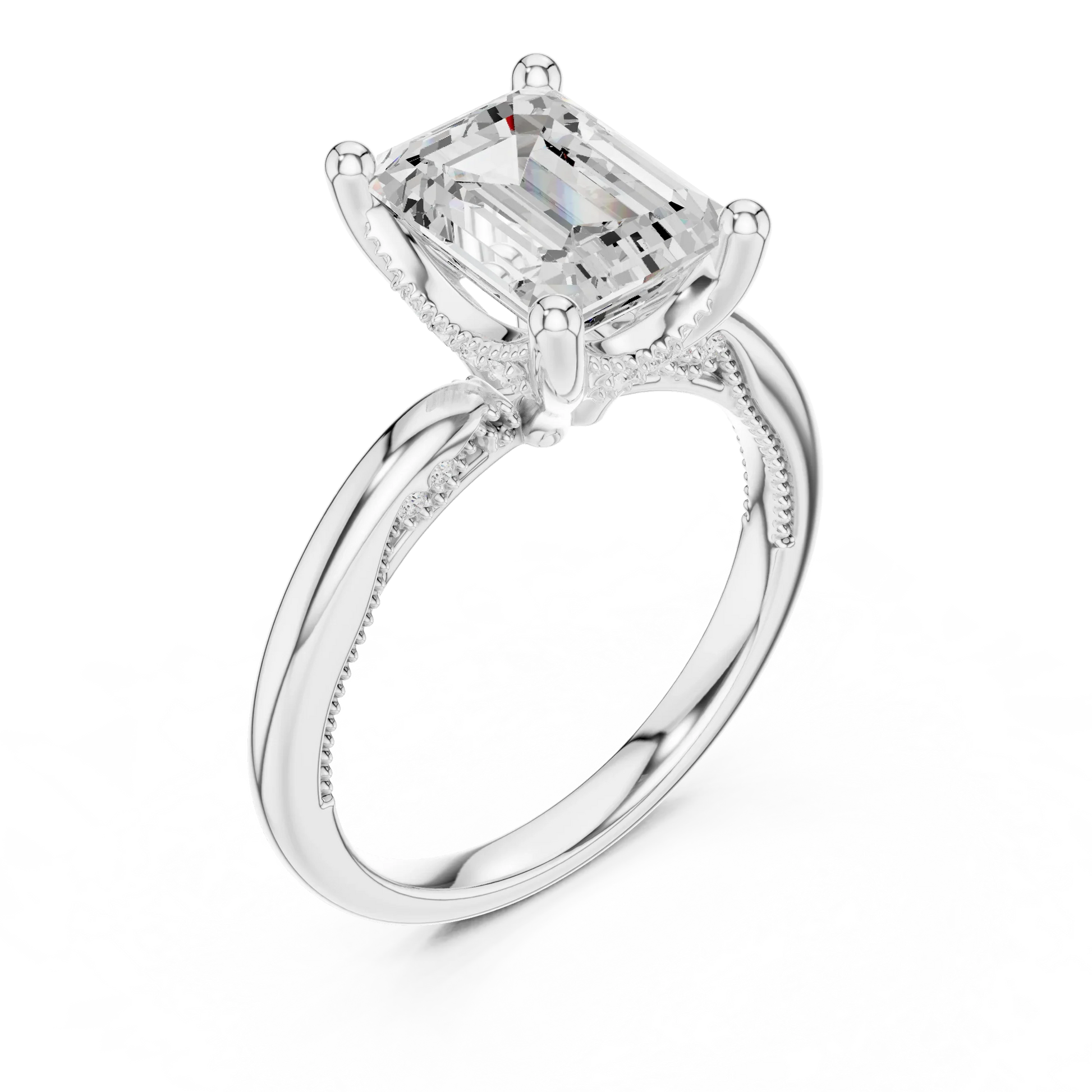 Front view of white gold emerald cut solitaire ring with hidden halo and domed band and lab-created diamond