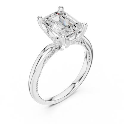Front view of white gold emerald cut solitaire ring with hidden halo and domed band and lab-created diamond
