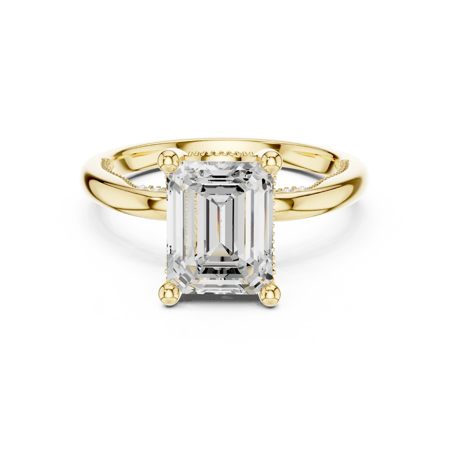 Yellow gold emerald cut solitaire ring with hidden halo and domed band featuring lab-grown diamond, classic style