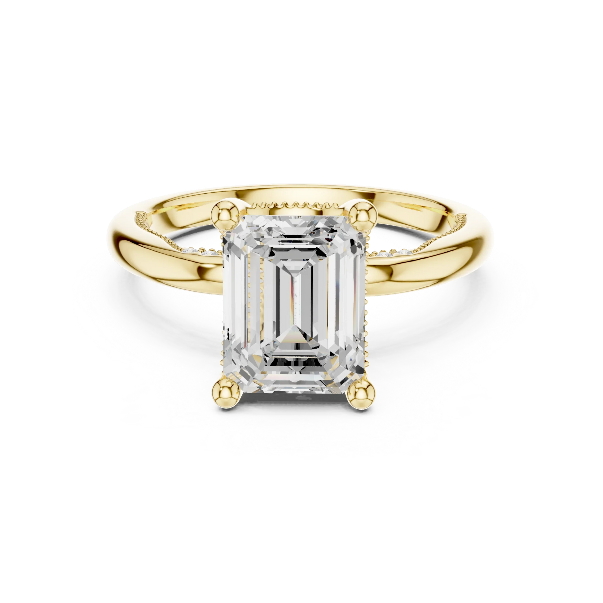 Yellow gold emerald cut solitaire ring with hidden halo and domed band featuring lab-grown diamond, classic style