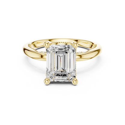 Yellow gold emerald cut solitaire ring with hidden halo and domed band featuring lab-grown diamond, classic style