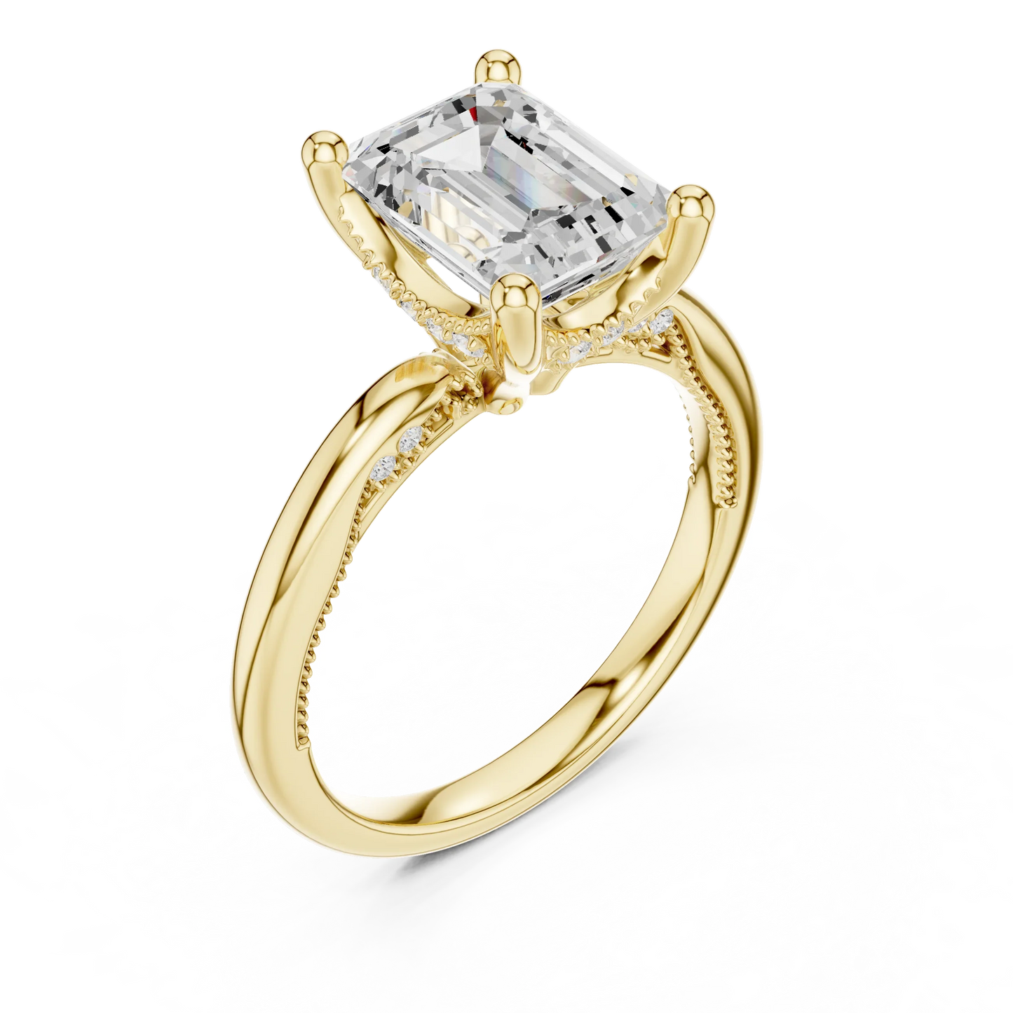 Front view of yellow gold emerald cut solitaire ring with hidden halo and domed band and lab-created diamond
