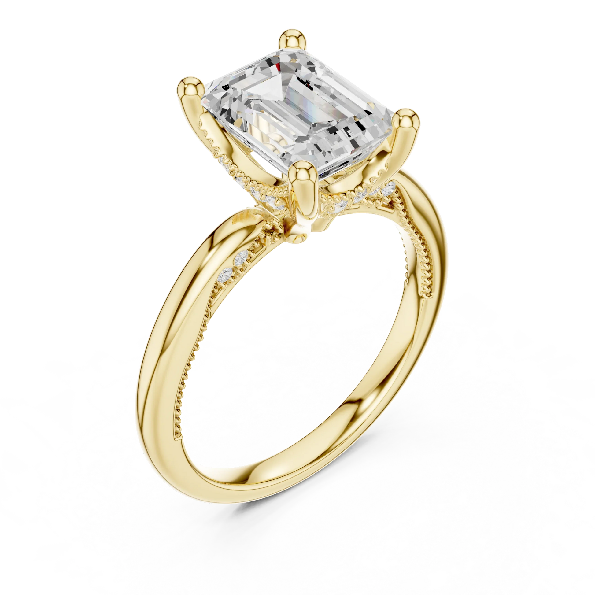Front view of yellow gold emerald cut solitaire ring with hidden halo and domed band and lab-created diamond