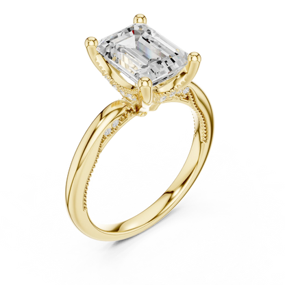 Front view of yellow gold emerald cut solitaire ring with hidden halo and domed band and lab-created diamond