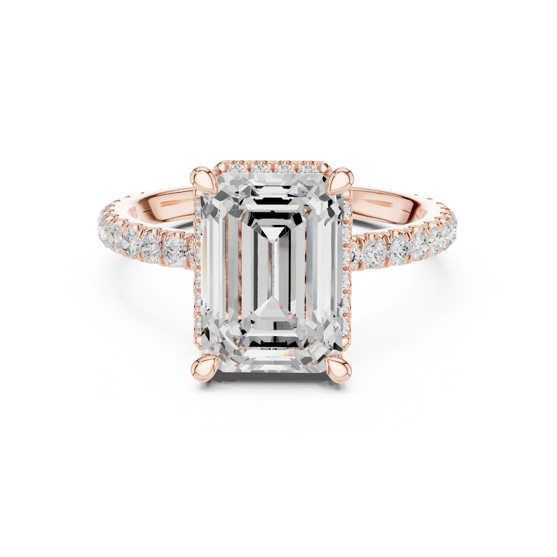 Rose gold emerald cut solitaire ring with hidden halo and thin pav茅 band featuring lab-grown diamond, modern delicate look