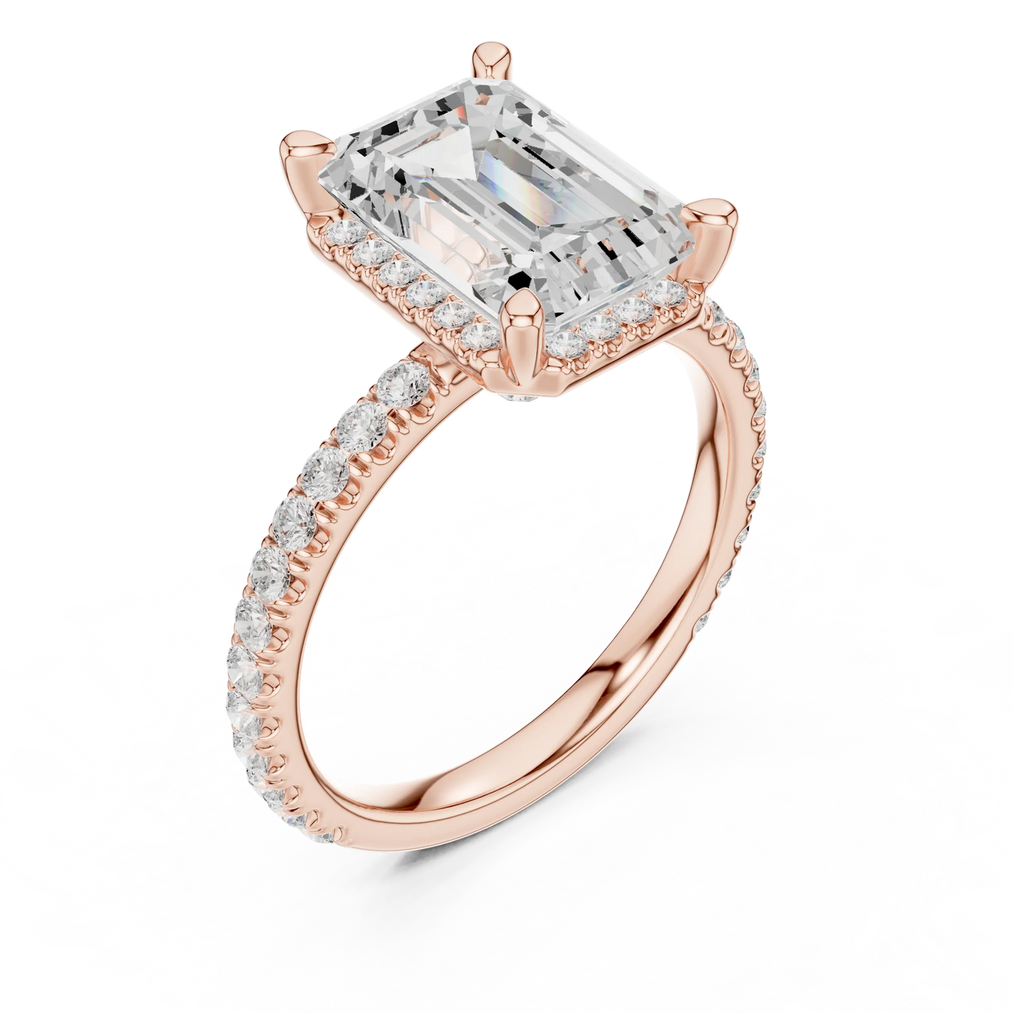 Front view of rose gold emerald cut solitaire ring with hidden halo and thin pav茅 diamond band and lab-created diamond