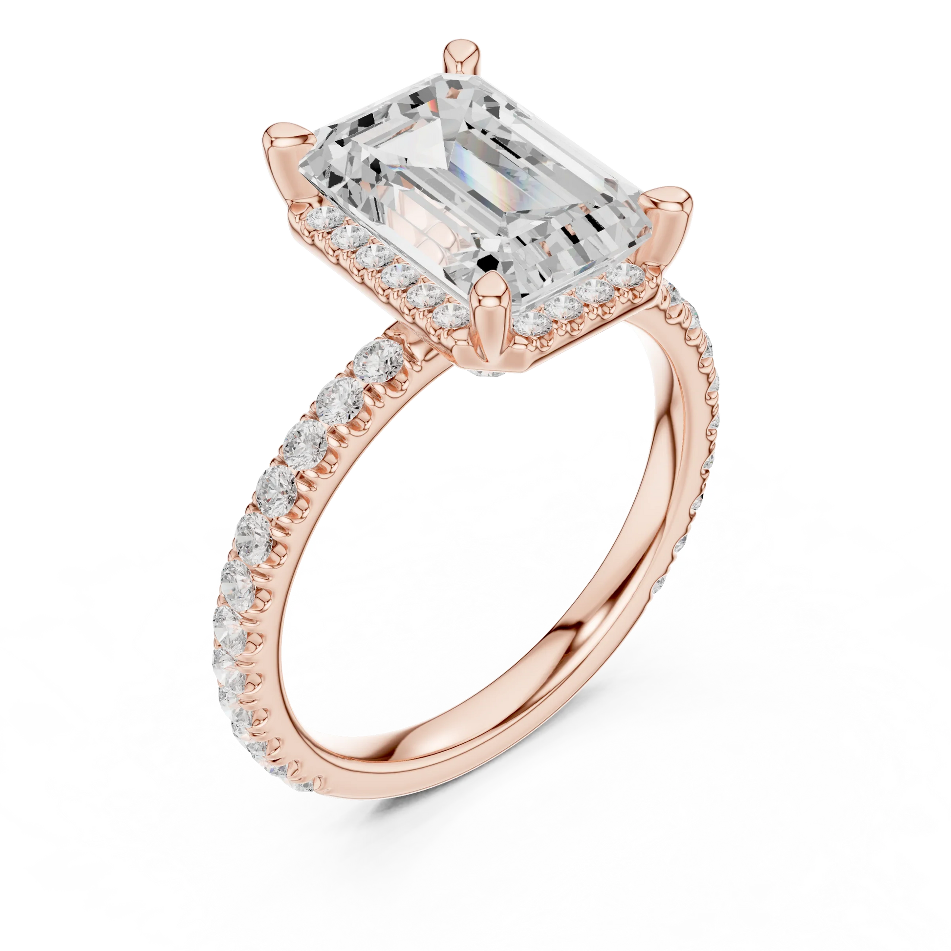 Front view of rose gold emerald cut solitaire ring with hidden halo and thin pav茅 diamond band and lab-created diamond