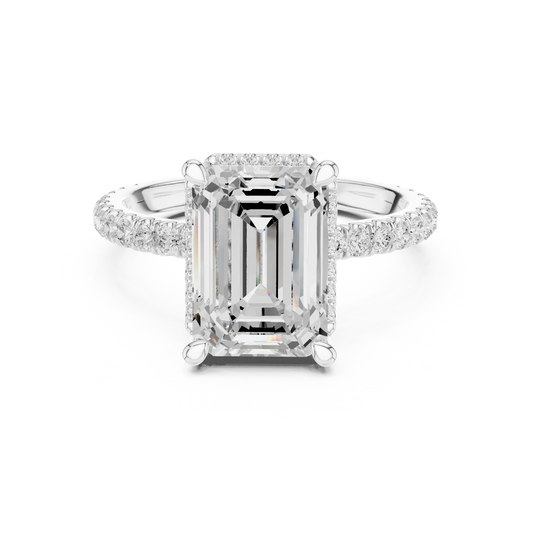 White gold emerald cut solitaire ring with hidden halo and thin pav茅 band featuring lab-grown diamond, elegant design