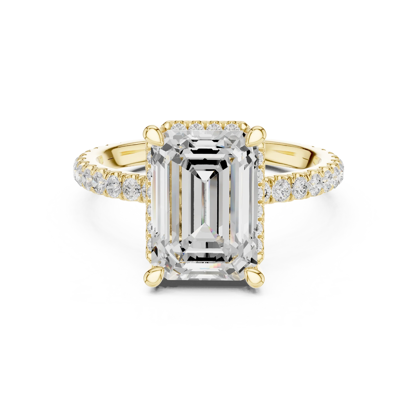 Yellow gold emerald cut solitaire ring with hidden halo and thin pav茅 band featuring lab-grown diamond, classic style