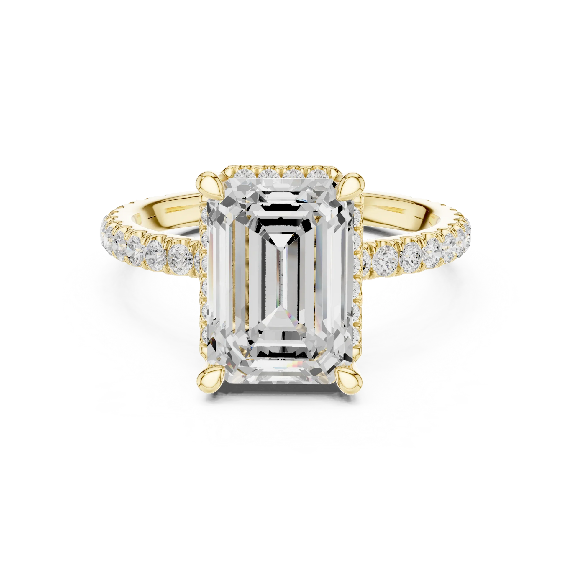 Yellow gold emerald cut solitaire ring with hidden halo and thin pav茅 band featuring lab-grown diamond, classic style
