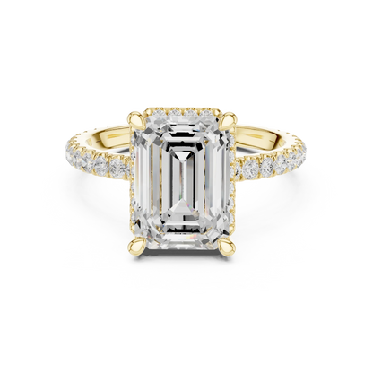 Yellow gold emerald cut solitaire ring with hidden halo and thin pav茅 band featuring lab-grown diamond, classic style