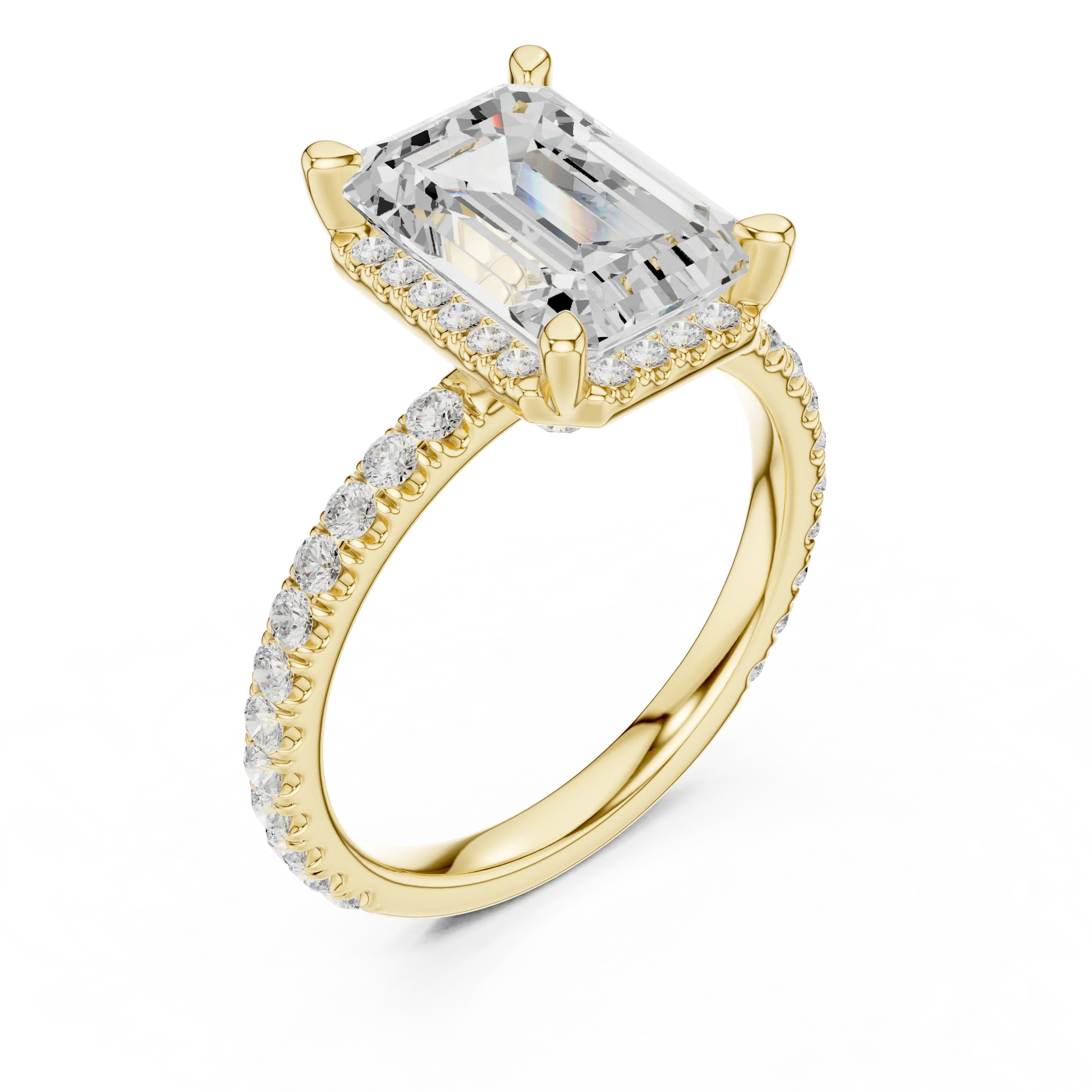 Front view of yellow gold emerald cut solitaire ring with hidden halo and thin pav茅 diamond band and lab-created diamond