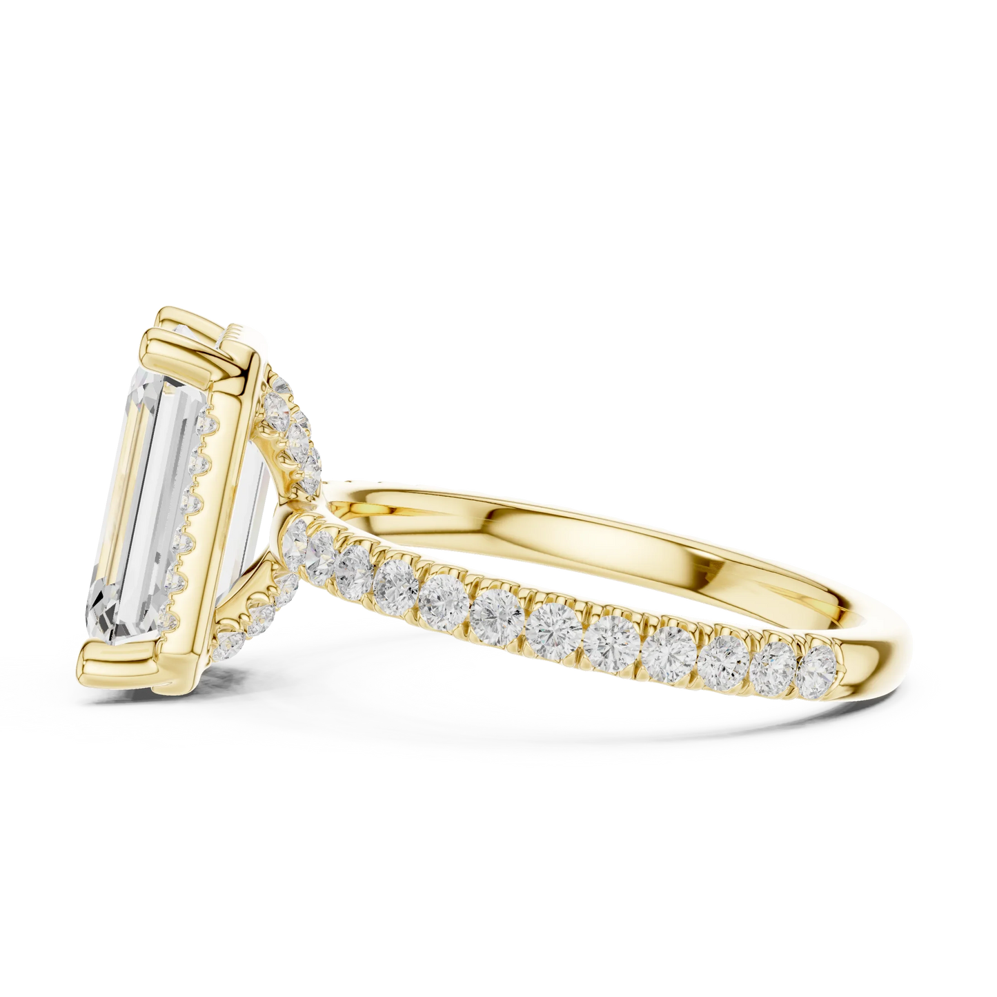 Side view of yellow gold emerald cut solitaire ring highlighting hidden halo and thin pav茅 band design