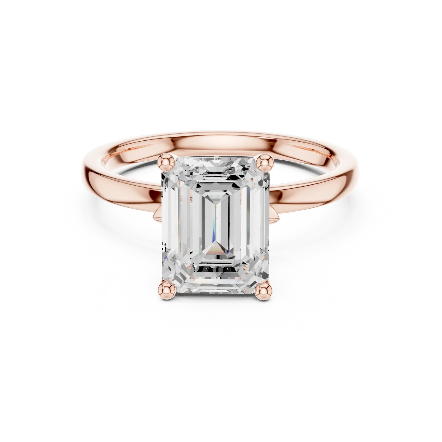 Lab-grown emerald cut solitaire ring in rose gold with plain domed band