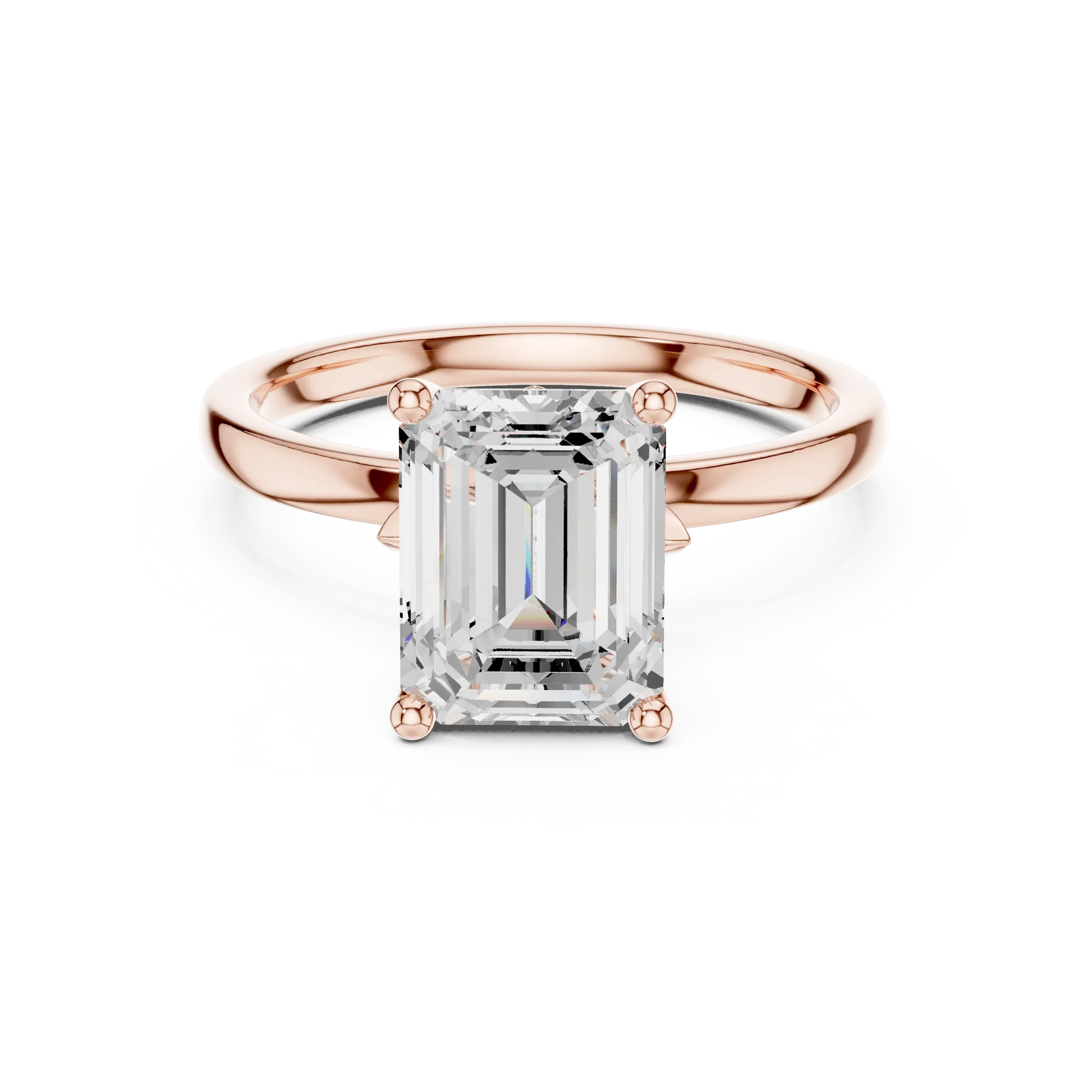 Lab-grown emerald cut solitaire ring in rose gold with plain domed band