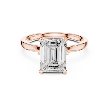 Lab-grown emerald cut solitaire ring in rose gold with plain domed band