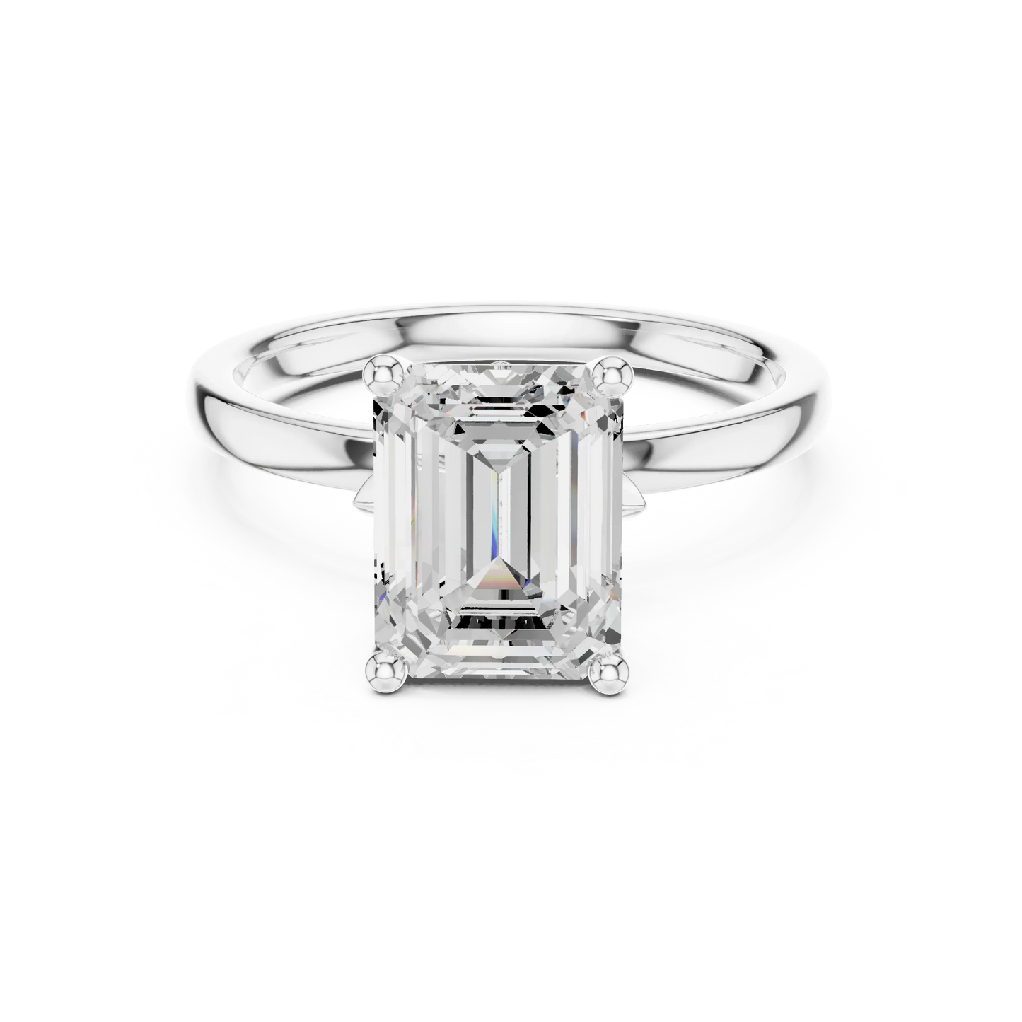 Lab-grown emerald cut solitaire ring in white gold with plain domed band