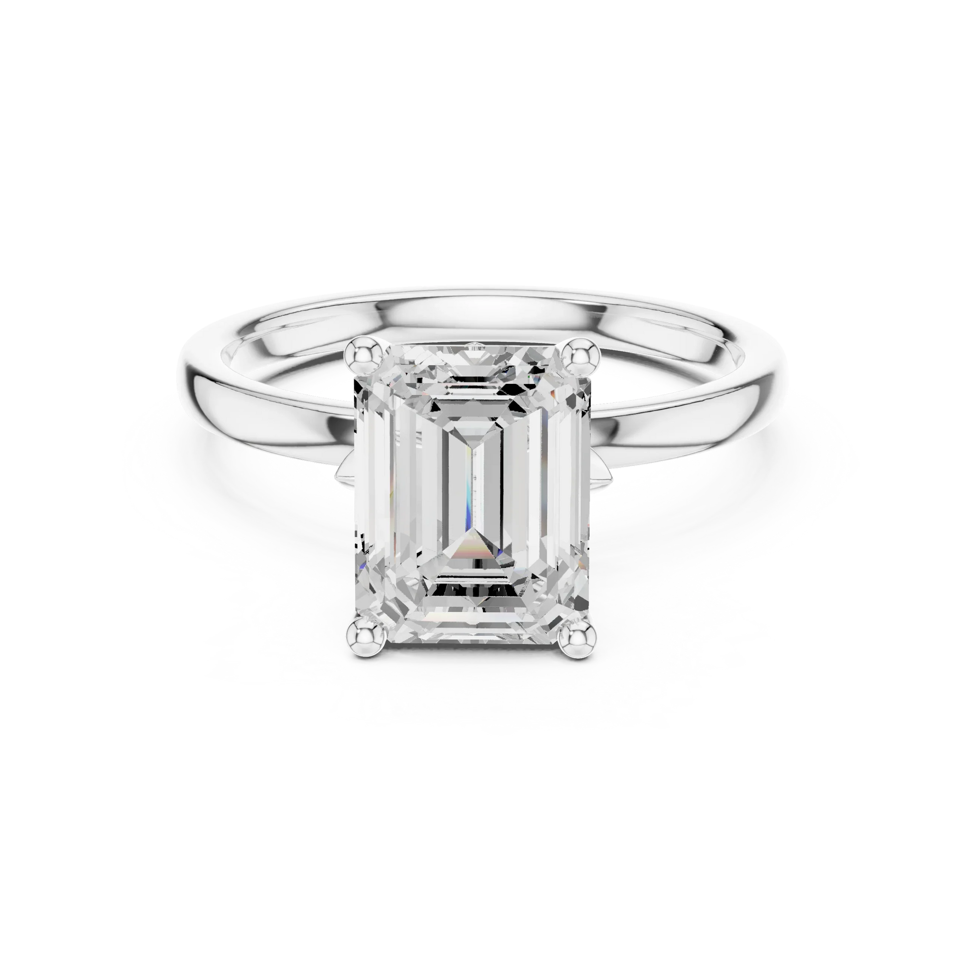 Lab-grown emerald cut solitaire ring in white gold with plain domed band