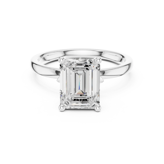 Lab-grown emerald cut solitaire ring in white gold with plain domed band