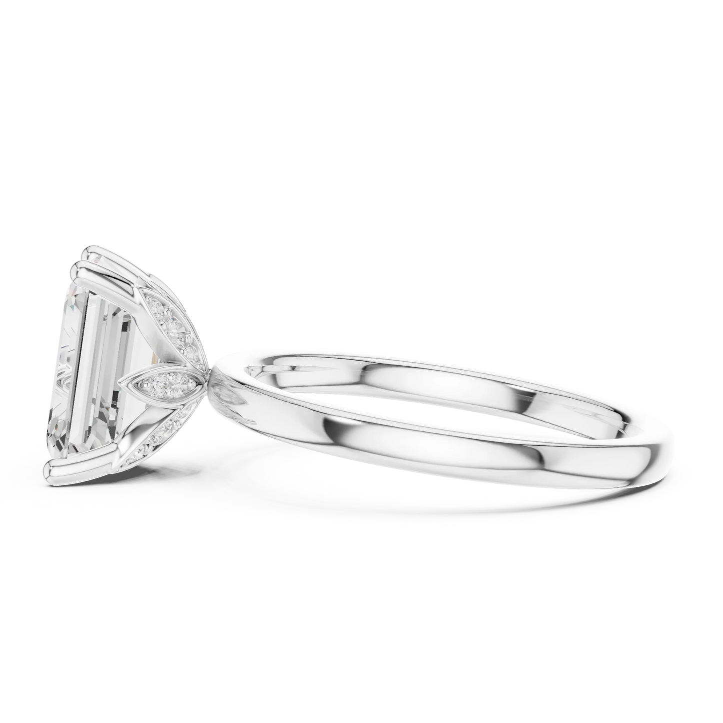 Side view of white gold emerald cut solitaire ring with domed band and raised setting