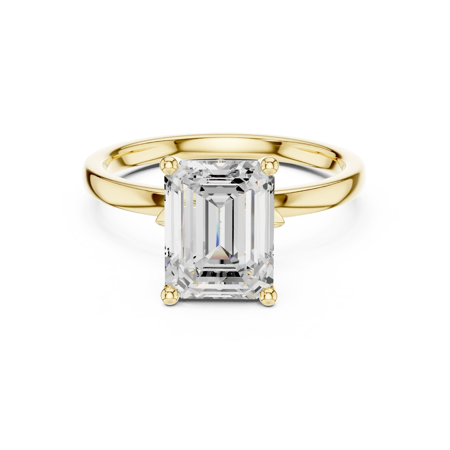 Lab-grown emerald cut solitaire ring in yellow gold with smooth domed band