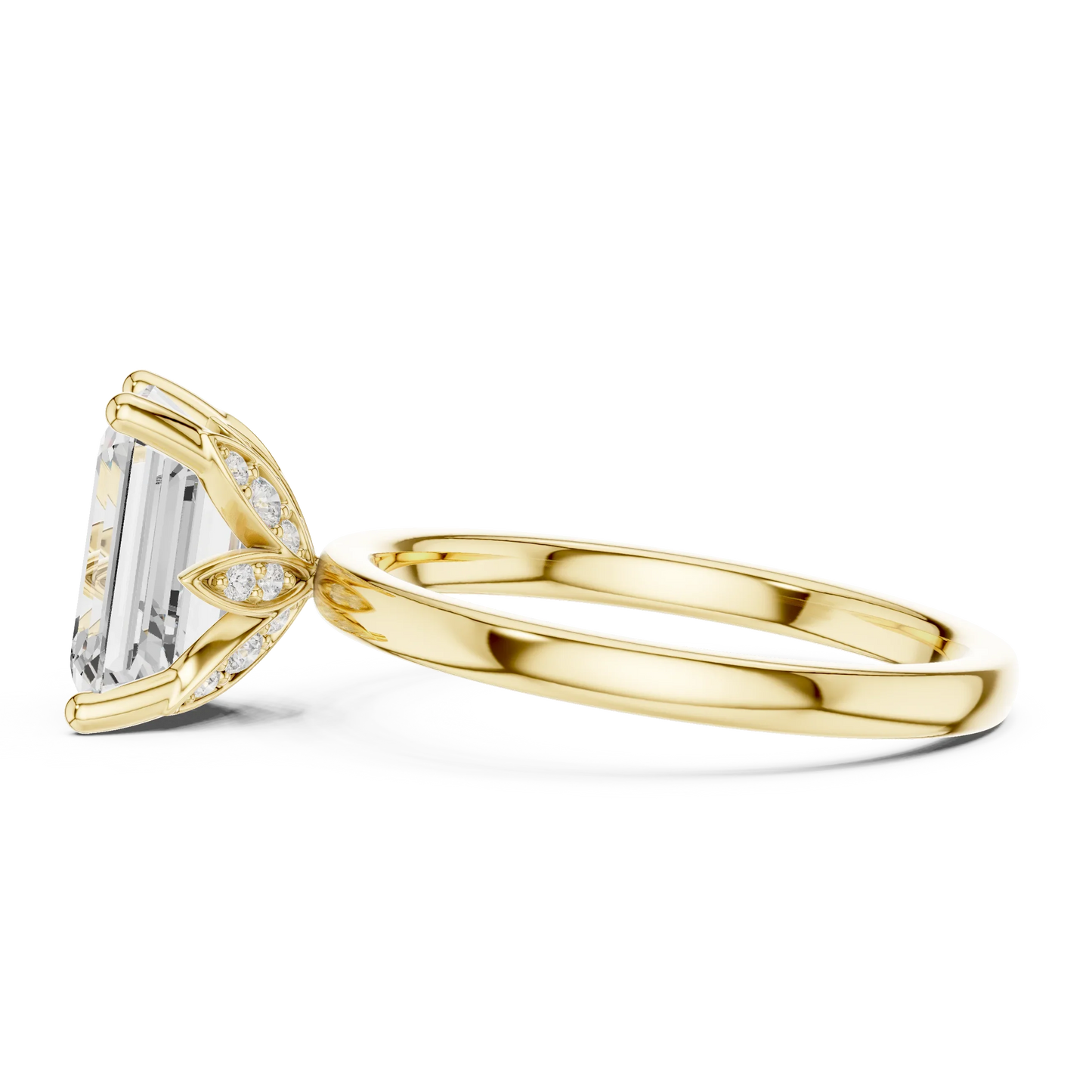 Side view of yellow gold emerald cut solitaire ring with plain domed band and prong setting