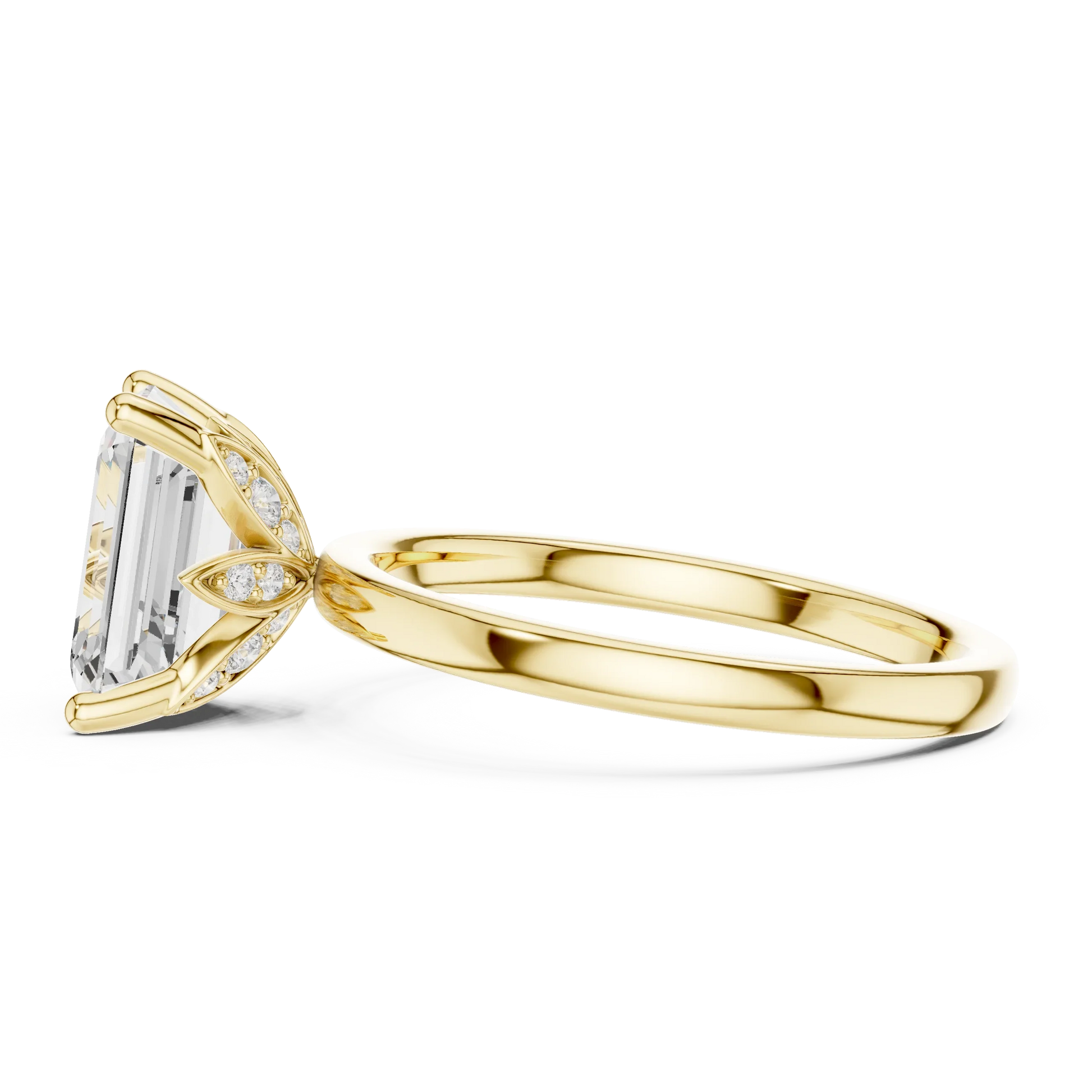 Side view of yellow gold emerald cut solitaire ring with plain domed band and prong setting