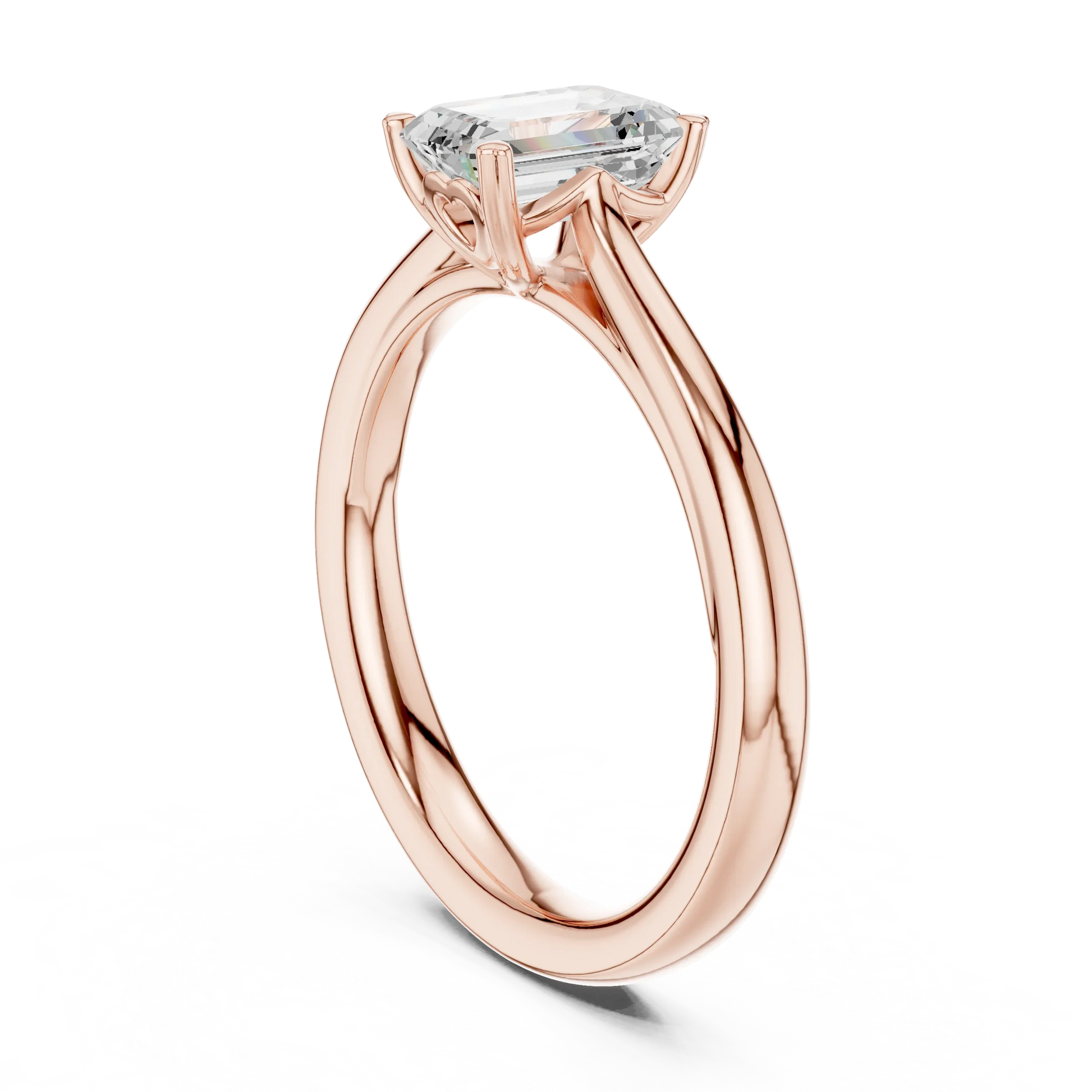 Back view of lab-grown emerald solitaire ring in rose gold with clean and polished band