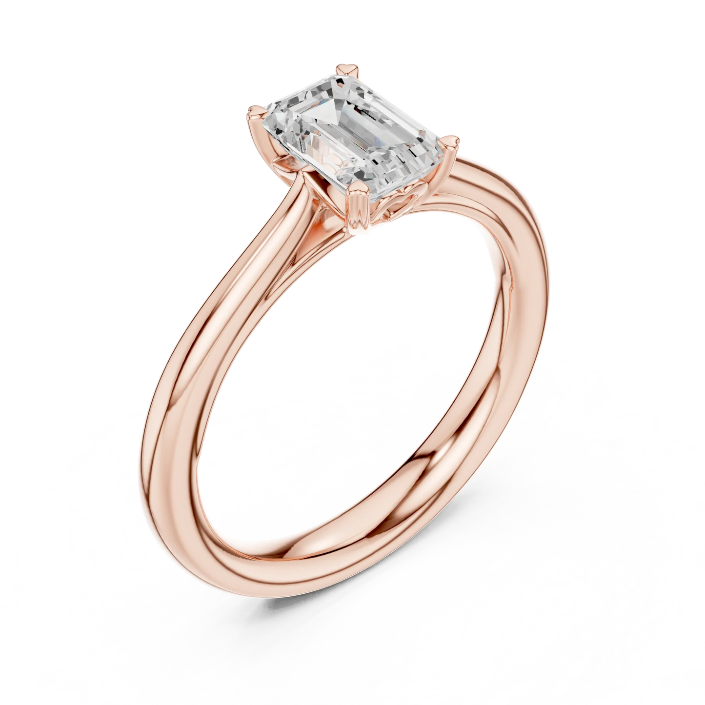 Front view of rose gold emerald solitaire ring showcasing lab-grown emerald gemstone shine