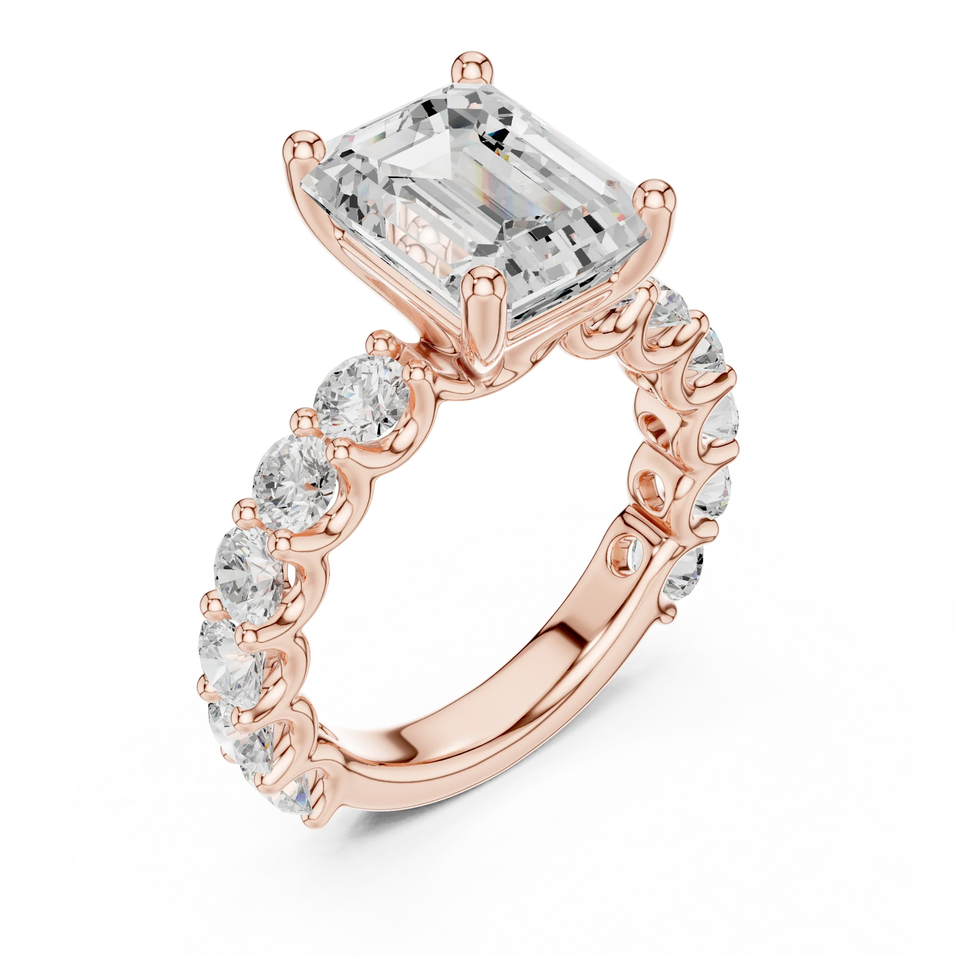 Front view of rose gold emerald cut solitaire ring with shared prong large stone band and center stone
