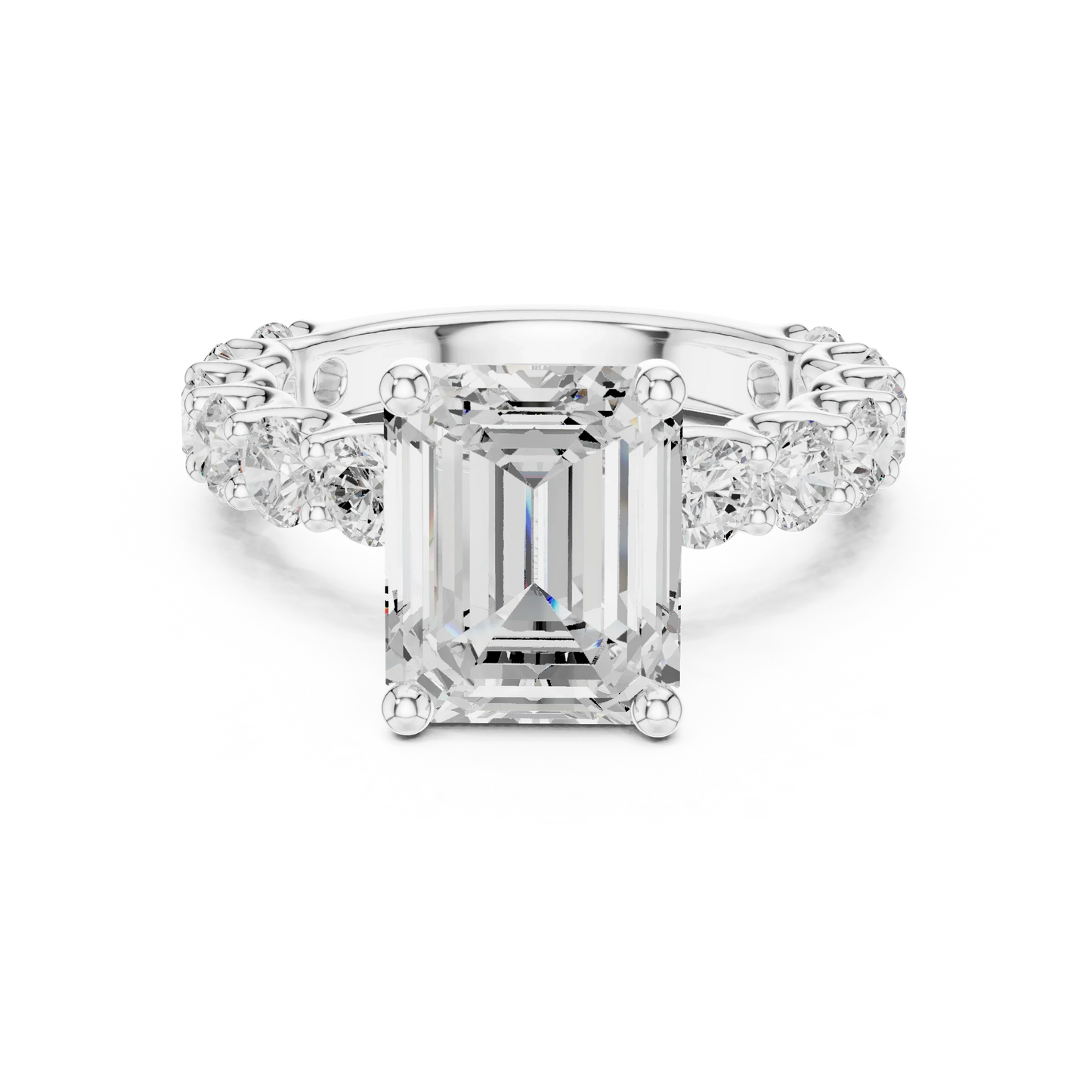 Lab-grown emerald cut solitaire ring in white gold with shared prong large stone band