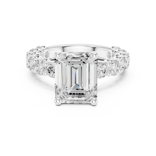 Lab-grown emerald cut solitaire ring in white gold with shared prong large stone band